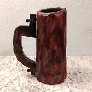 Vintage Hand Carved Wooden Stein Dark Mug Pegged Handle Man Cave Fred Flintstone